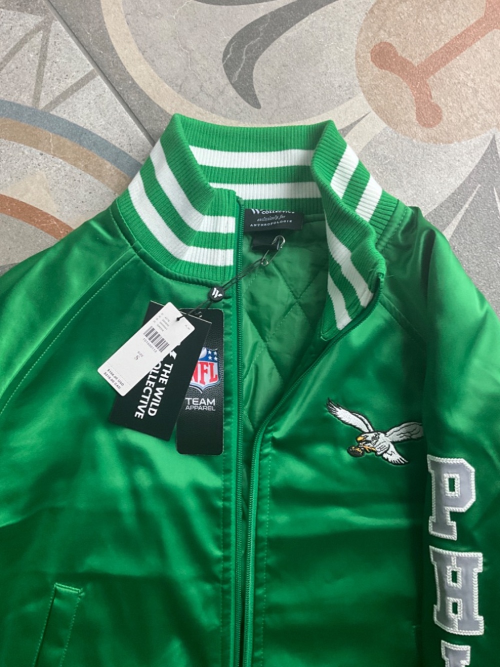 The Wild Collective x Anthropologie Eagles Satin Bomber Jacket Size Small NWT - Picture 7 of 10